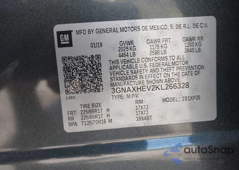 2019 Chevrolet Equinox Ls из США, поврежденный, VIN 3GNAXHEV2KL266328